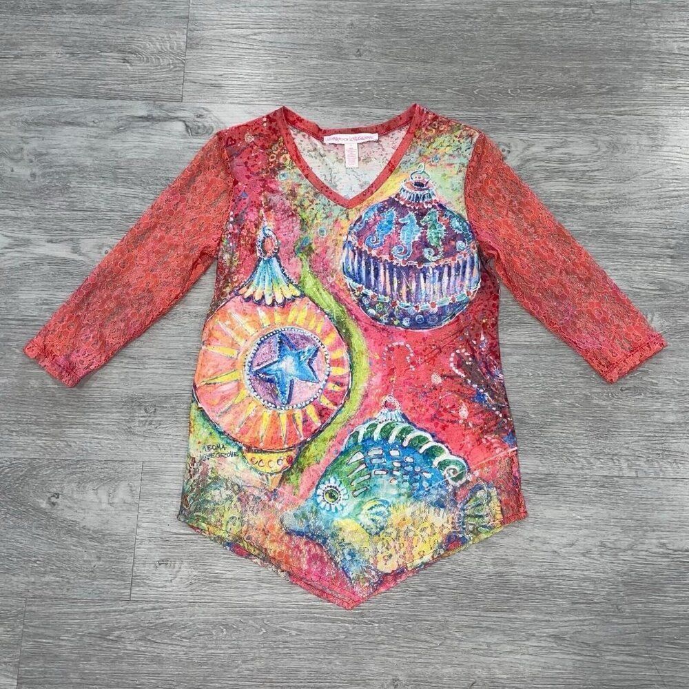 Leoma Lovegrove Women’s XS Ocean Colorful Asymmetrical Art Top Artsy 3/4 Sleeve